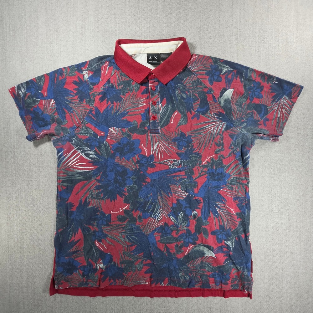 Armani Exchange Polo Shirt Mens XL Red Blue Floral Tropical Raglan 3ZZF88 ZJE4Z
